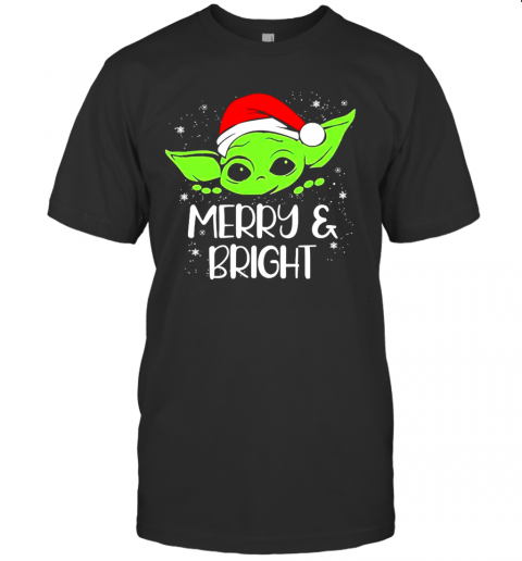 Baby Yoda Hat Santa Merry And Bright Christmas T-Shirt